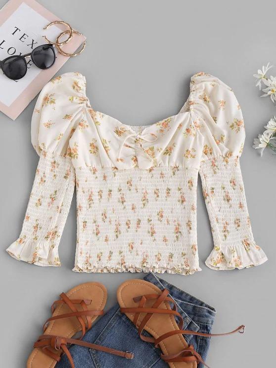 Tie Collar Smocked Ditsy Floral Milkmaid Blouse - INS | Online Fashion Free Shipping Clothing, Dresses, Tops, Shoes