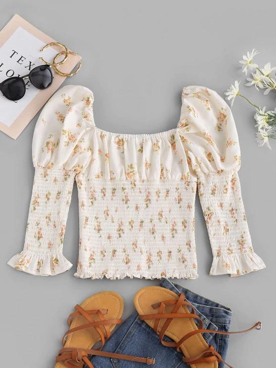 Tie Collar Smocked Ditsy Floral Milkmaid Blouse - INS | Online Fashion Free Shipping Clothing, Dresses, Tops, Shoes