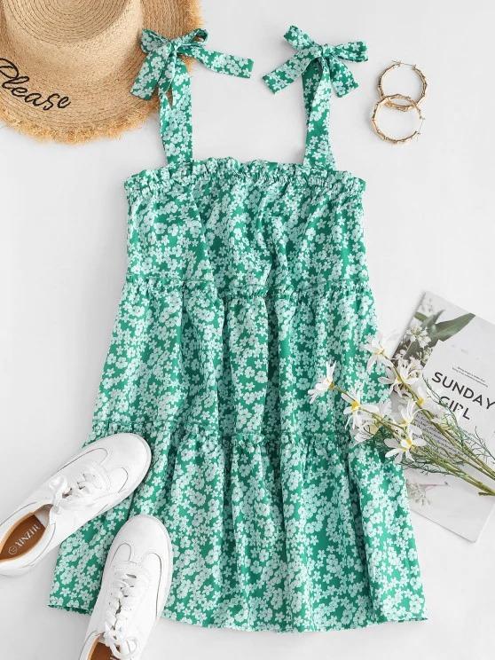 Tie Ditsy Print Tiered Trapeze Sundress - INS | Online Fashion Free Shipping Clothing, Dresses, Tops, Shoes