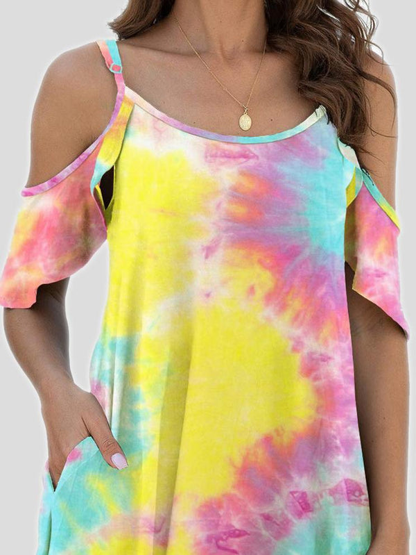 Tie-Dye Casual Off The Shoulder Ruffle Pocket Dress - Mini Dresses - INS | Online Fashion Free Shipping Clothing, Dresses, Tops, Shoes - 03/07/2021 - 10-20 - Category_Mini Dresses