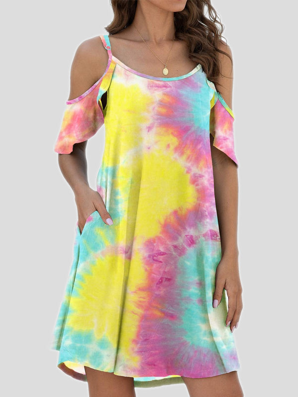 Tie-Dye Casual Off The Shoulder Ruffle Pocket Dress - Mini Dresses - INS | Online Fashion Free Shipping Clothing, Dresses, Tops, Shoes - 03/07/2021 - 10-20 - Category_Mini Dresses