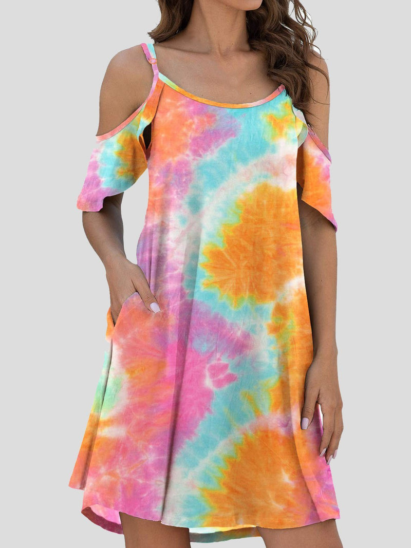 Tie-Dye Casual Off The Shoulder Ruffle Pocket Dress - Mini Dresses - INS | Online Fashion Free Shipping Clothing, Dresses, Tops, Shoes - 03/07/2021 - 10-20 - Category_Mini Dresses