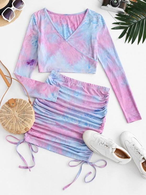 Tie Dye Cinched Surplice Mini Skirt Set - INS | Online Fashion Free Shipping Clothing, Dresses, Tops, Shoes