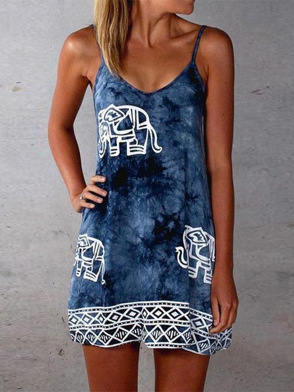 Tie-dye Elephant Print Sleeveless Skirt - Mini Dresses - INS | Online Fashion Free Shipping Clothing, Dresses, Tops, Shoes - 10-20 - 21/06/2021 - color-blue