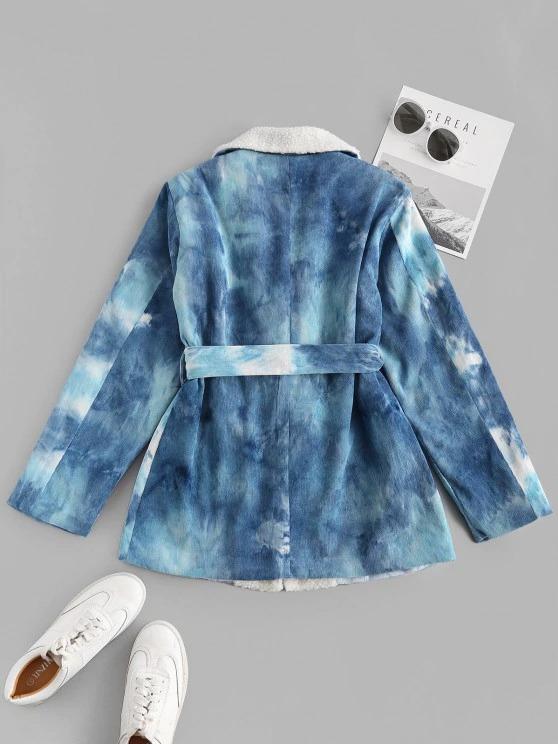 Tie Dye Faux Shearling Collar Belted Corduroy Jacket - INS | Online Fashion Free Shipping Clothing, Dresses, Tops, Shoes