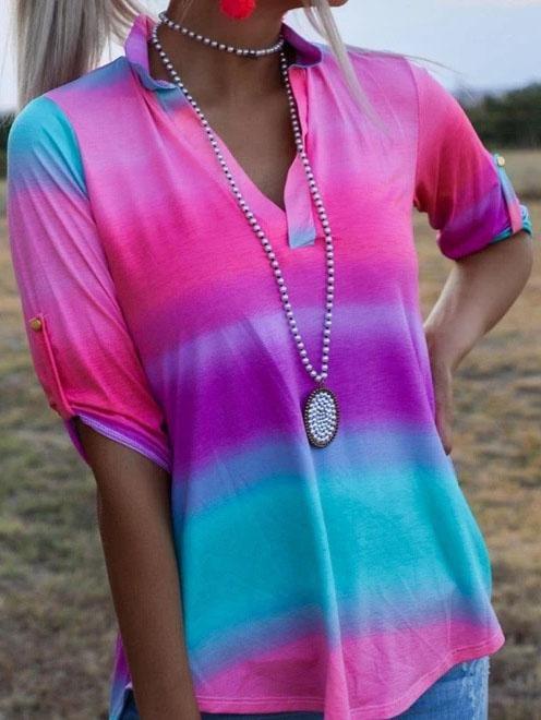 Tie-dye Mid-sleeved V Neck Lapel T-shirt - T-shirts - INS | Online Fashion Free Shipping Clothing, Dresses, Tops, Shoes - 20-30 - 28/06/2021 - color-multi