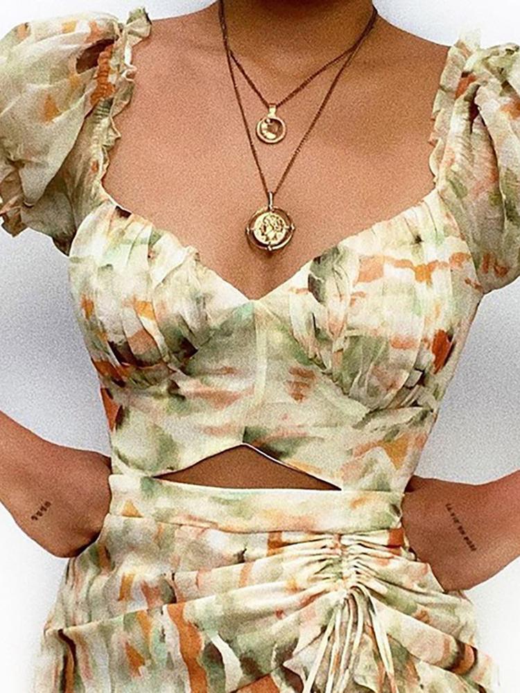 Tie Dye Print Cutout Drawstring Dress - Mini Dresses - INS | Online Fashion Free Shipping Clothing, Dresses, Tops, Shoes - 30/04/2021 - Category_Mini Dresses - Color_Beige