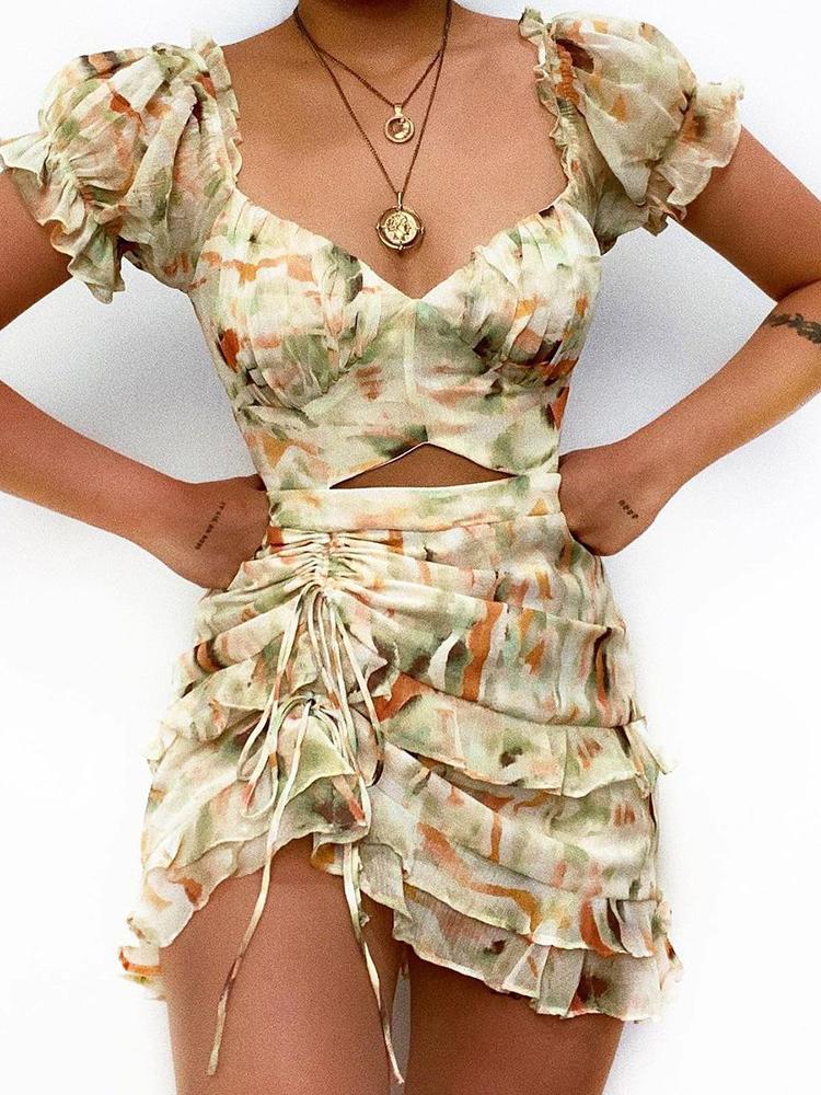 Tie Dye Print Cutout Drawstring Dress - Mini Dresses - INS | Online Fashion Free Shipping Clothing, Dresses, Tops, Shoes - 30/04/2021 - Category_Mini Dresses - Color_Beige