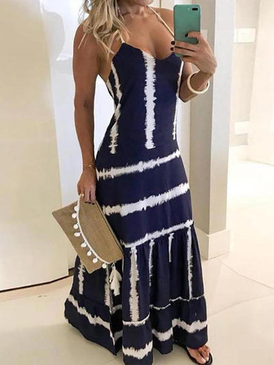 Tie Dye Print Halter Maxi Dress - Maxi Dresses - INS | Online Fashion Free Shipping Clothing, Dresses, Tops, Shoes - 28/04/2021 - Category_Maxi Dresses - Color_Dark Blue