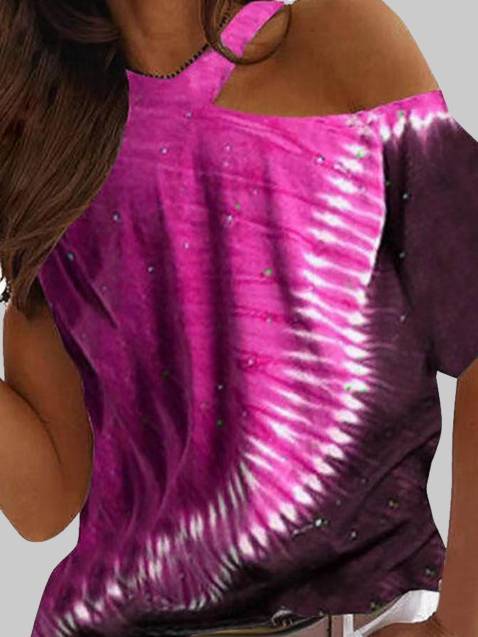 Tie-dye Printed Off The Shoulder Irregular Short Sleeve T-shirt - T-Shirts - INS | Online Fashion Free Shipping Clothing, Dresses, Tops, Shoes - 03/06/2021 - Category_T-Shirts - Color_Blue