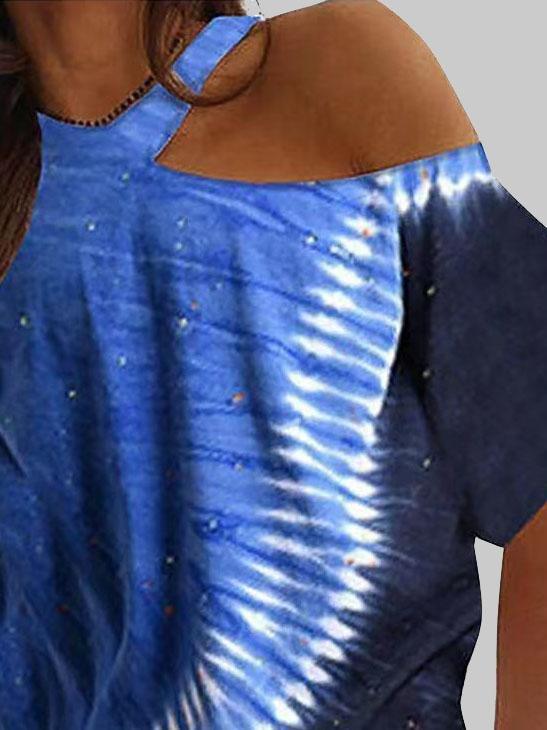 Tie-dye Printed Off The Shoulder Irregular Short Sleeve T-shirt - T-Shirts - INS | Online Fashion Free Shipping Clothing, Dresses, Tops, Shoes - 03/06/2021 - Category_T-Shirts - Color_Blue