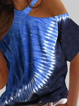 Tie-dye Printed Off The Shoulder Irregular Short Sleeve T-shirt - T-Shirts - INS | Online Fashion Free Shipping Clothing, Dresses, Tops, Shoes - 03/06/2021 - Category_T-Shirts - Color_Blue