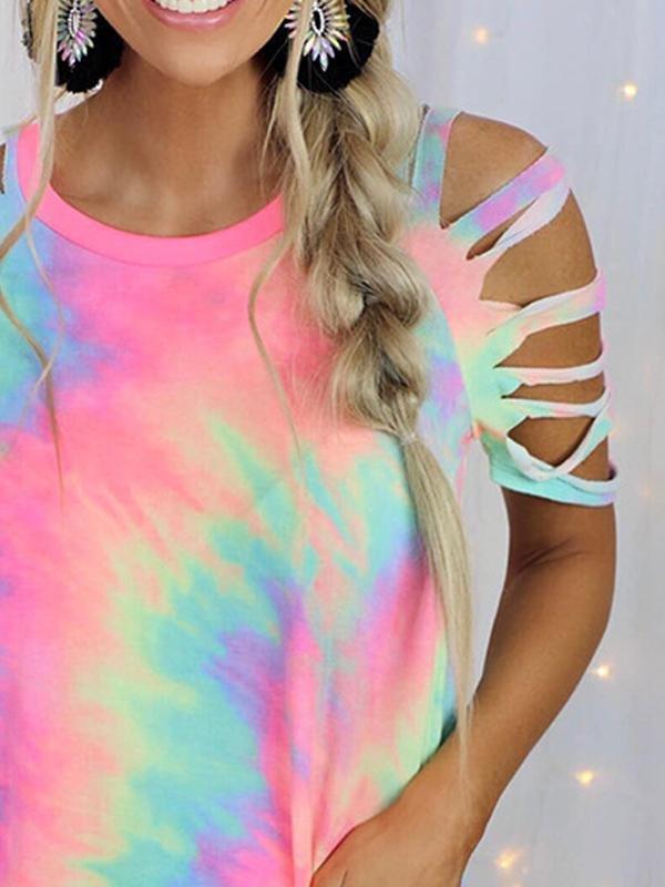 Tie Dye Printed Short Sleeve Off The Shoulder Casual T-shirt - T-Shirts - INS | Online Fashion Free Shipping Clothing, Dresses, Tops, Shoes - 24/05/2021 - Category_T-shirts - Color_Multicolor