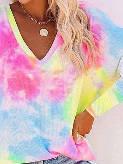 Tie-Dye Printed V-Neck Long Sleeve Loose T-Shirt - T-Shirts - INS | Online Fashion Free Shipping Clothing, Dresses, Tops, Shoes - 10-20 - 22/06/2021 - Category_T-Shirts