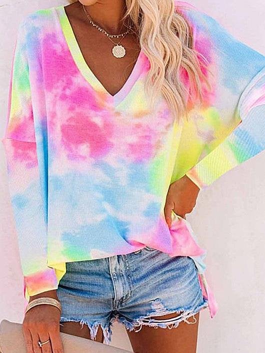 Tie-Dye Printed V-Neck Long Sleeve Loose T-Shirt - T-Shirts - INS | Online Fashion Free Shipping Clothing, Dresses, Tops, Shoes - 10-20 - 22/06/2021 - Category_T-Shirts