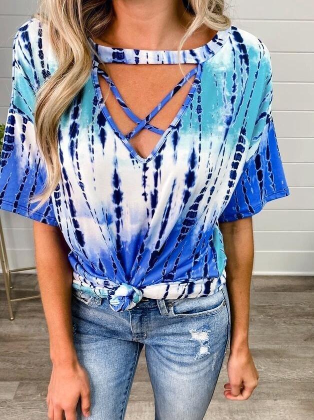 Tie-Dye Printed V-Neck Loose Short Sleeve T-Shirt - T-Shirts - INS | Online Fashion Free Shipping Clothing, Dresses, Tops, Shoes - 15/06/2021 - Category_T-Shirts - Color_Blue