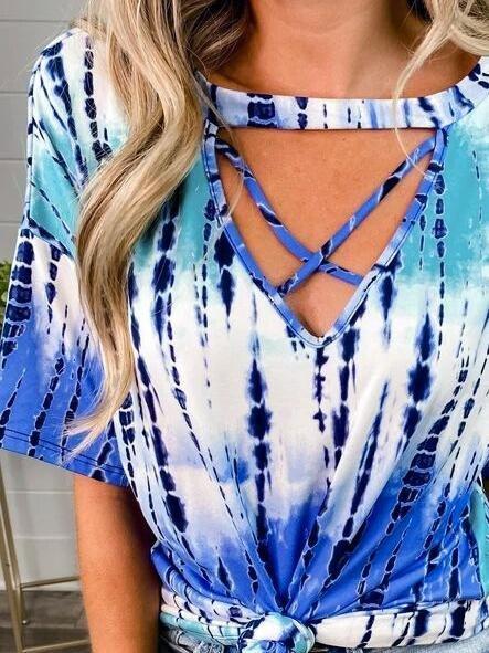 Tie-Dye Printed V-Neck Loose Short Sleeve T-Shirt - T-Shirts - INS | Online Fashion Free Shipping Clothing, Dresses, Tops, Shoes - 15/06/2021 - Category_T-Shirts - Color_Blue