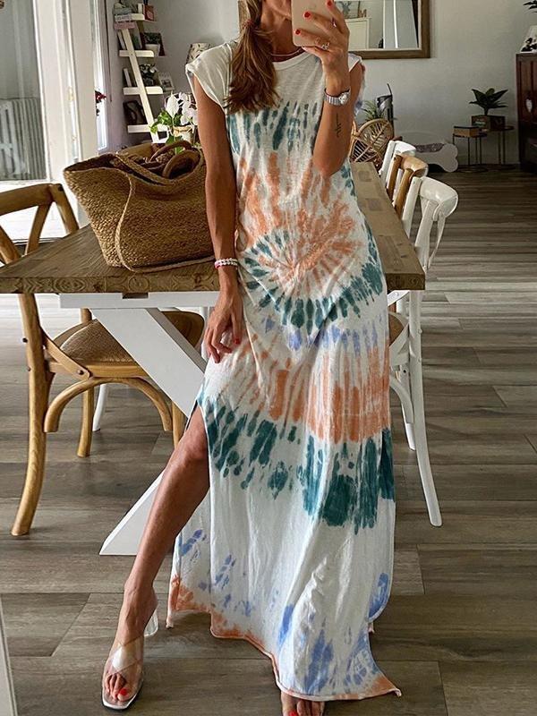 Tie-dye Split-hem Short Sleeve Dress - Maxi Dresses - INS | Online Fashion Free Shipping Clothing, Dresses, Tops, Shoes - 15/06/2021 - Color_White - DRE2106150451