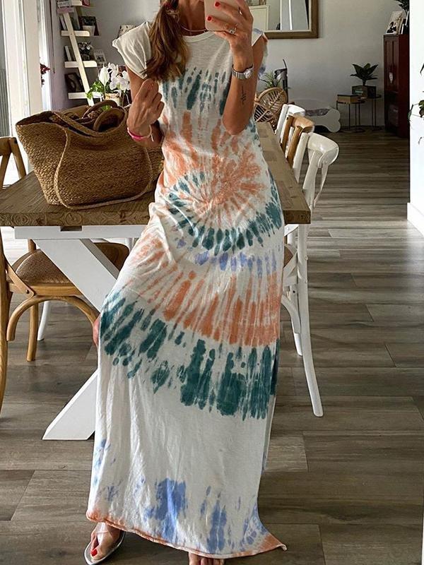 Tie-dye Split-hem Short Sleeve Dress - Maxi Dresses - INS | Online Fashion Free Shipping Clothing, Dresses, Tops, Shoes - 15/06/2021 - Color_White - DRE2106150451