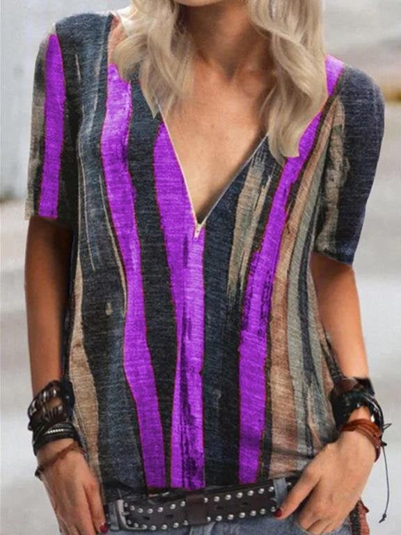 Tie-dye Stripes Printed Short-sleeved V-neck Zipper T-shirt - T-Shirts - INS | Online Fashion Free Shipping Clothing, Dresses, Tops, Shoes - 24/05/2021 - Category_T-Shirts - Color_Gray