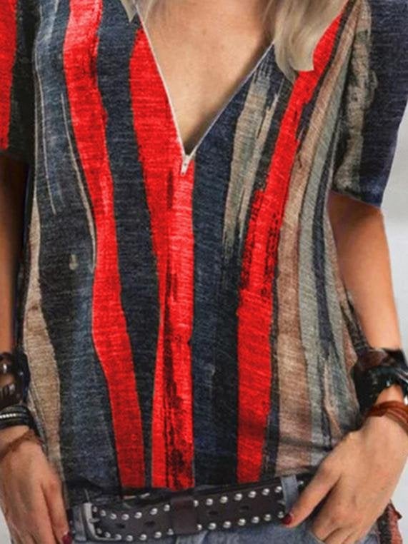 Tie-dye Stripes Printed Short-sleeved V-neck Zipper T-shirt - T-Shirts - INS | Online Fashion Free Shipping Clothing, Dresses, Tops, Shoes - 24/05/2021 - Category_T-Shirts - Color_Gray