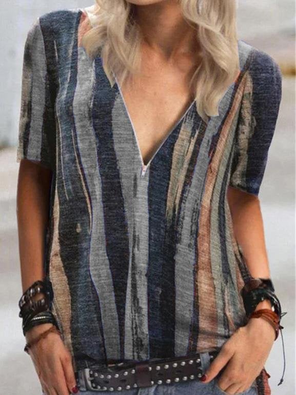 Tie-dye Stripes Printed Short-sleeved V-neck Zipper T-shirt - T-Shirts - INS | Online Fashion Free Shipping Clothing, Dresses, Tops, Shoes - 24/05/2021 - Category_T-Shirts - Color_Gray