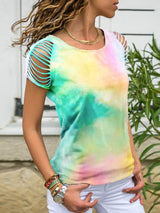 Tie-dyed Off-shoulder Short-sleeved T-shirt - T-shirts - INS | Online Fashion Free Shipping Clothing, Dresses, Tops, Shoes - 03/06/2021 - Color_Blue - Color_Green