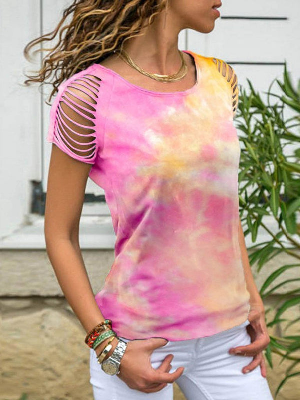 Tie-dyed Off-shoulder Short-sleeved T-shirt - T-shirts - INS | Online Fashion Free Shipping Clothing, Dresses, Tops, Shoes - 03/06/2021 - Color_Blue - Color_Green