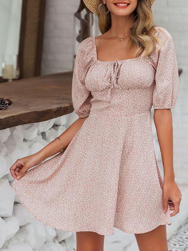 Tie Front Ditsy Floral Milkmaid Dress - Dresses - INS | Online Fashion Free Shipping Clothing, Dresses, Tops, Shoes - 02/04/2021 - Color_Pink - Daily