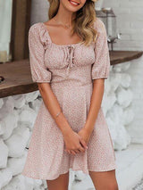 Tie Front Ditsy Floral Milkmaid Dress - Dresses - INS | Online Fashion Free Shipping Clothing, Dresses, Tops, Shoes - 02/04/2021 - Color_Pink - Daily