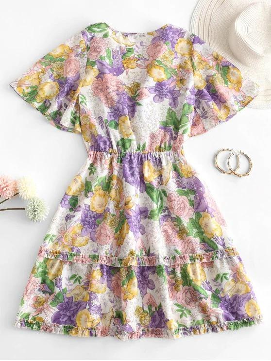 Tie Front Floral Ruffles Mini Dress - INS | Online Fashion Free Shipping Clothing, Dresses, Tops, Shoes