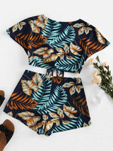 Tie Front Leaves Print Top and Shorts Set - INS | Online Fashion Free Shipping Clothing, Dresses, Tops, Shoes