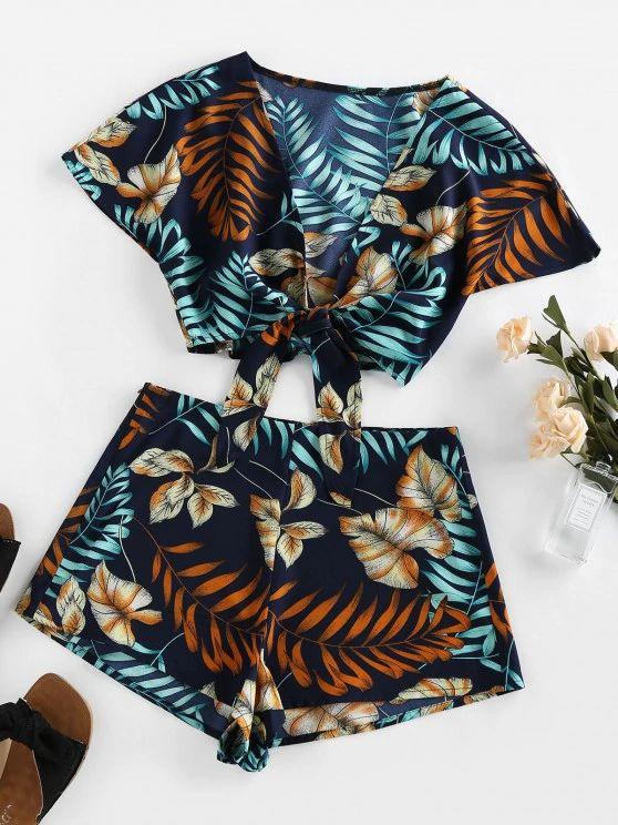 Tie Front Leaves Print Top and Shorts Set - INS | Online Fashion Free Shipping Clothing, Dresses, Tops, Shoes