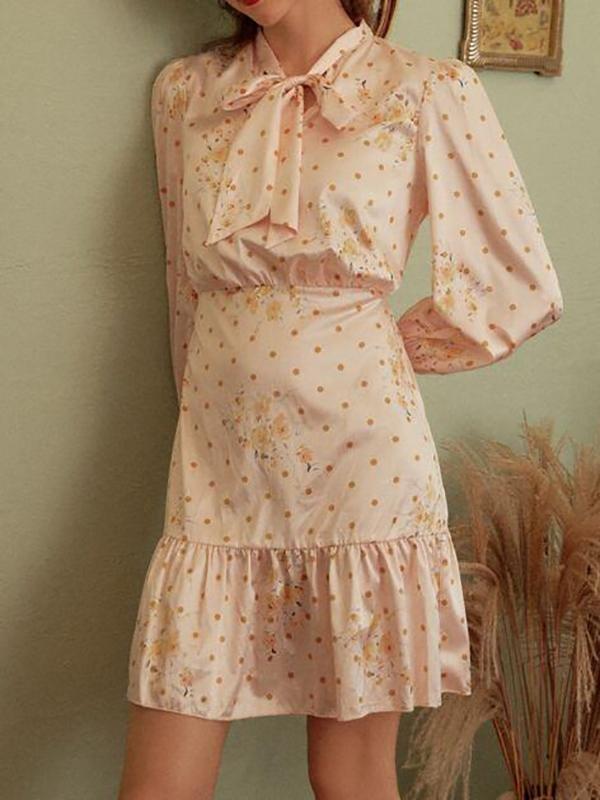 Tie Neck Ruffle Hem Polka-dot & Floral Dress - Dresses - INS | Online Fashion Free Shipping Clothing, Dresses, Tops, Shoes - 02/02/2021 - Apricot - Daily