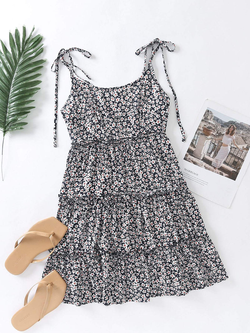 Tie Shoulder Frill Trim Leopard Cami Dress - INS | Online Fashion Free Shipping Clothing, Dresses, Tops, Shoes