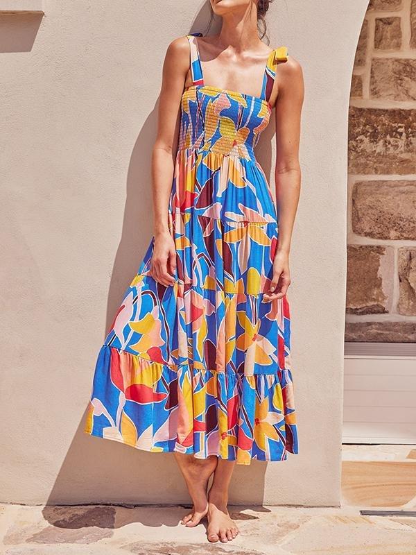 Tie Strap Bust Wrap Printing Long Dress - Maxi Dresses - INS | Online Fashion Free Shipping Clothing, Dresses, Tops, Shoes - 21/04/2021 - Color_Pink - Color_Yellow