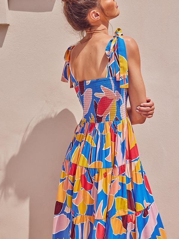 Tie Strap Bust Wrap Printing Long Dress - Maxi Dresses - INS | Online Fashion Free Shipping Clothing, Dresses, Tops, Shoes - 21/04/2021 - Color_Pink - Color_Yellow