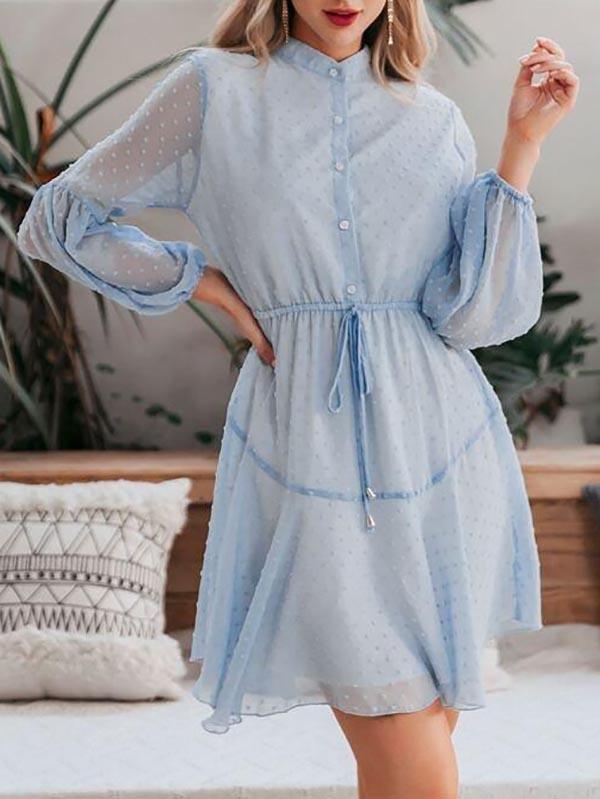 Tie Waist Lantern Sleeve Swiss Dot Dress - Dresses - INS | Online Fashion Free Shipping Clothing, Dresses, Tops, Shoes - 02/03/2021 - Blue - Color_Blue