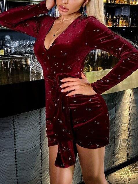 Tie Waist Star Velvet Dress - Dresses - INS | Online Fashion Free Shipping Clothing, Dresses, Tops, Shoes - Autumn - Beach - Bodycon Dresses