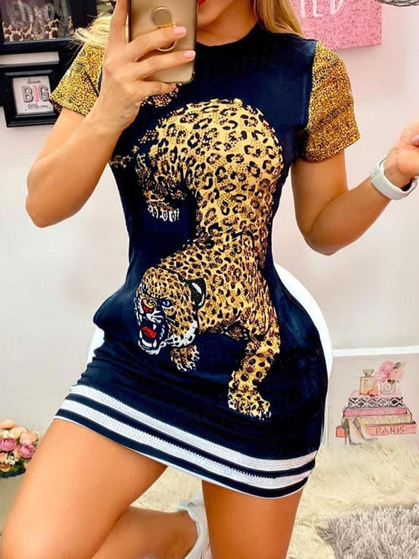 Tiger Print Short Sleeve Casual Dress - Mini Dresses - INS | Online Fashion Free Shipping Clothing, Dresses, Tops, Shoes - 30/04/2021 - Color_Black - Color_Red