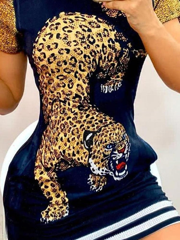 Tiger Print Short Sleeve Casual Dress - Mini Dresses - INS | Online Fashion Free Shipping Clothing, Dresses, Tops, Shoes - 30/04/2021 - Color_Black - Color_Red