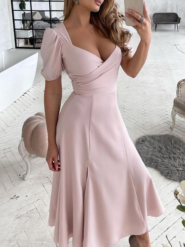 Tight V-neck High Waist Short Sleeve Dress - Midi Dresses - INS | Online Fashion Free Shipping Clothing, Dresses, Tops, Shoes - 10/06/2021 - Color_Pink - DRE2106100341