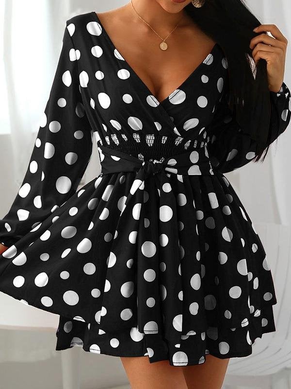 Tight Waist V-neck Polka Dot Mini Dress - Mini Dresses - INS | Online Fashion Free Shipping Clothing, Dresses, Tops, Shoes - 17/06/2021 - 30-40 - color-black