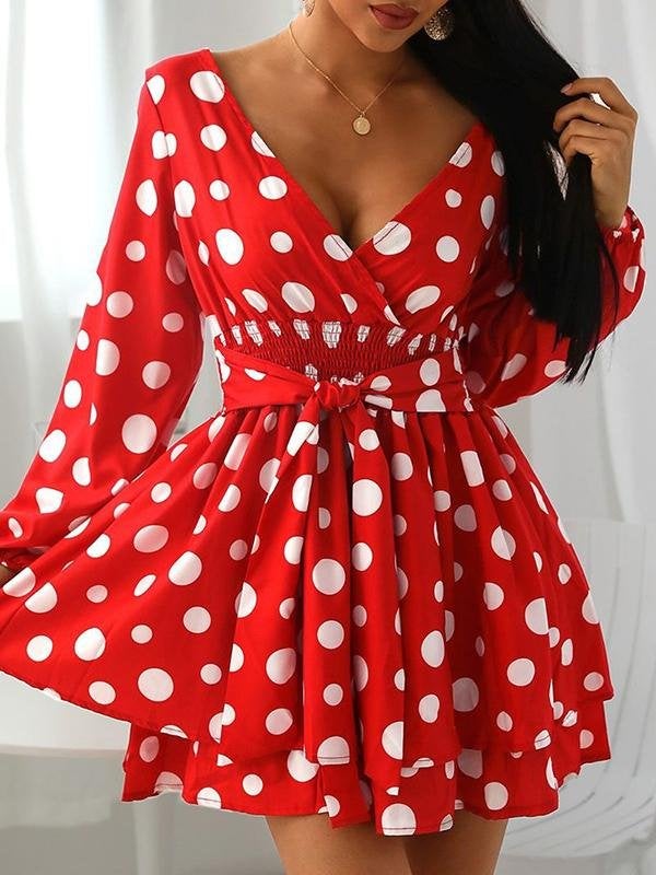 Tight Waist V-neck Polka Dot Mini Dress - Mini Dresses - INS | Online Fashion Free Shipping Clothing, Dresses, Tops, Shoes - 17/06/2021 - 30-40 - color-black