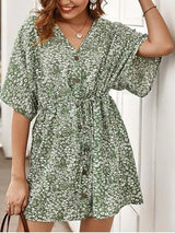 Tiny Floral Buttoned Drawstring Dress - Dresses - INS | Online Fashion Free Shipping Clothing, Dresses, Tops, Shoes - 02/09/2021 - Color_Green - Color_Orange