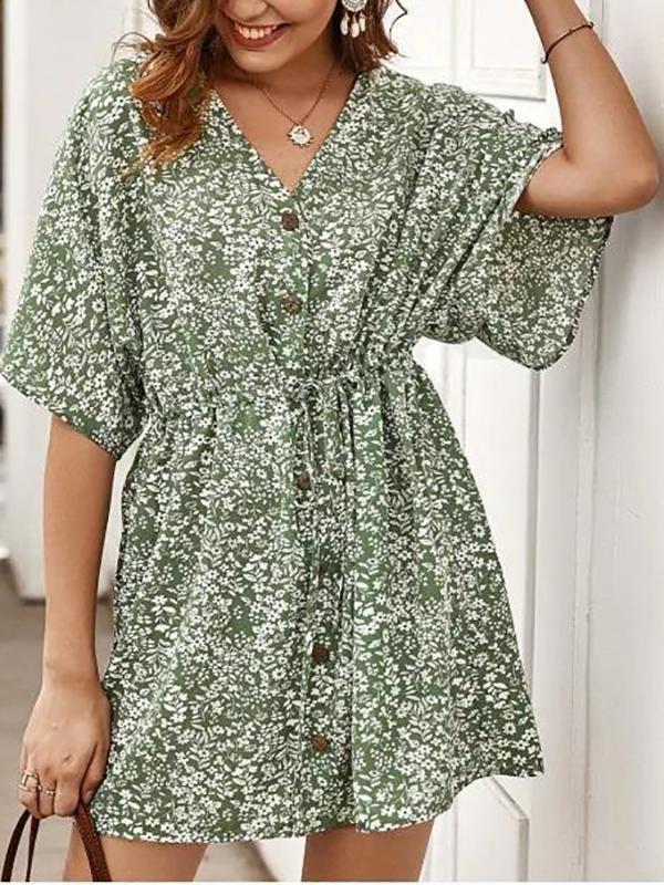 Tiny Floral Buttoned Drawstring Dress - Dresses - INS | Online Fashion Free Shipping Clothing, Dresses, Tops, Shoes - 02/09/2021 - Color_Green - Color_Orange