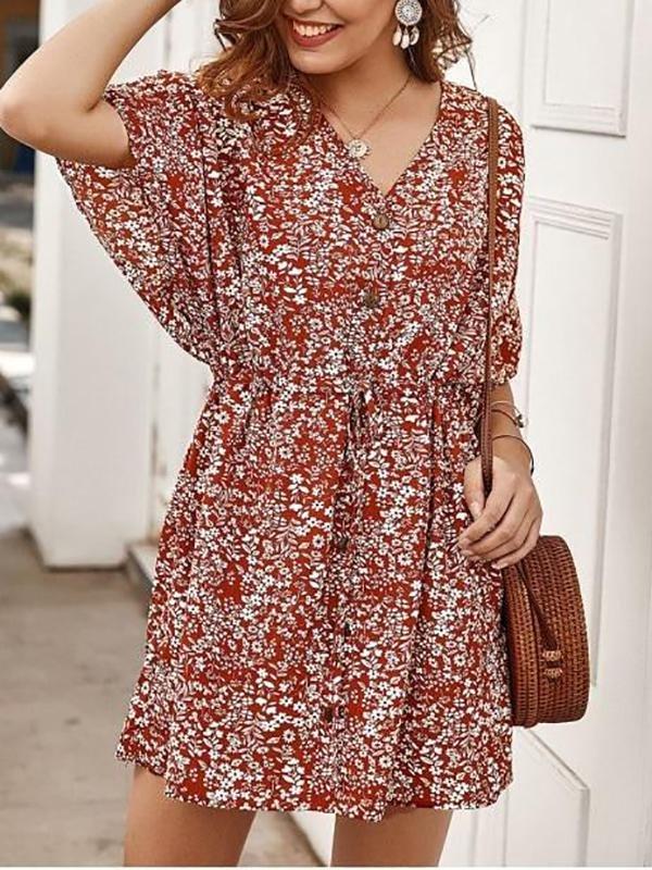 Tiny Floral Buttoned Drawstring Dress - Dresses - INS | Online Fashion Free Shipping Clothing, Dresses, Tops, Shoes - 02/09/2021 - Color_Green - Color_Orange