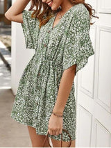 Tiny Floral Buttoned Drawstring Dress - Dresses - INS | Online Fashion Free Shipping Clothing, Dresses, Tops, Shoes - 02/09/2021 - Color_Green - Color_Orange