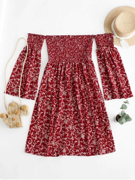 Tiny Floral Off Shoulder Smocked Dress - INS | Online Fashion Free Shipping Clothing, Dresses, Tops, Shoes