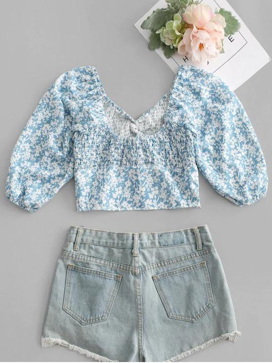 Tiny Floral Print Shirred Crop Top - INS | Online Fashion Free Shipping Clothing, Dresses, Tops, Shoes